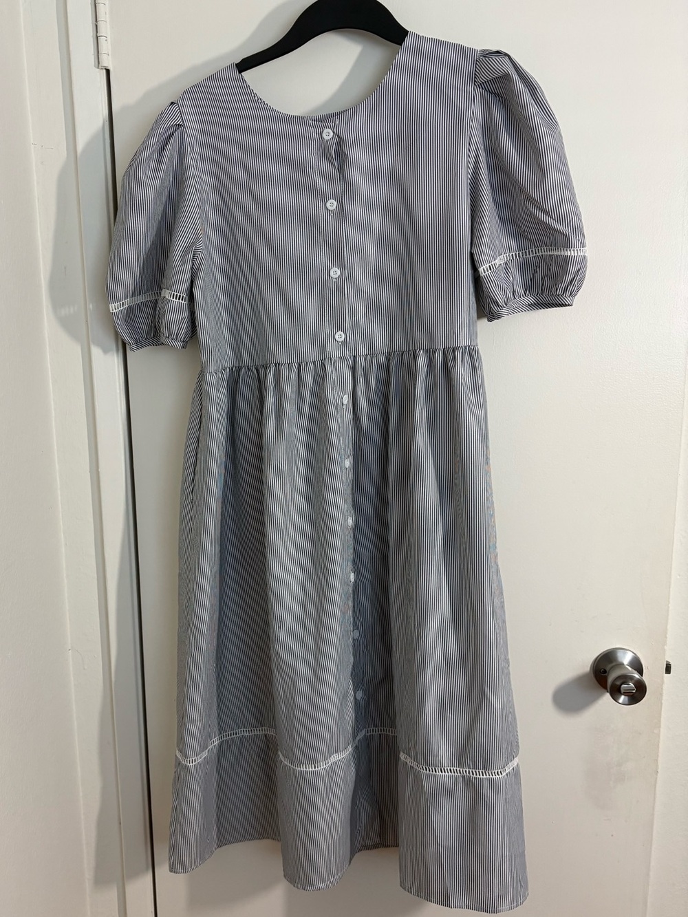 Puff-Sleeve Button-Front Light Blue Stripe midi dress